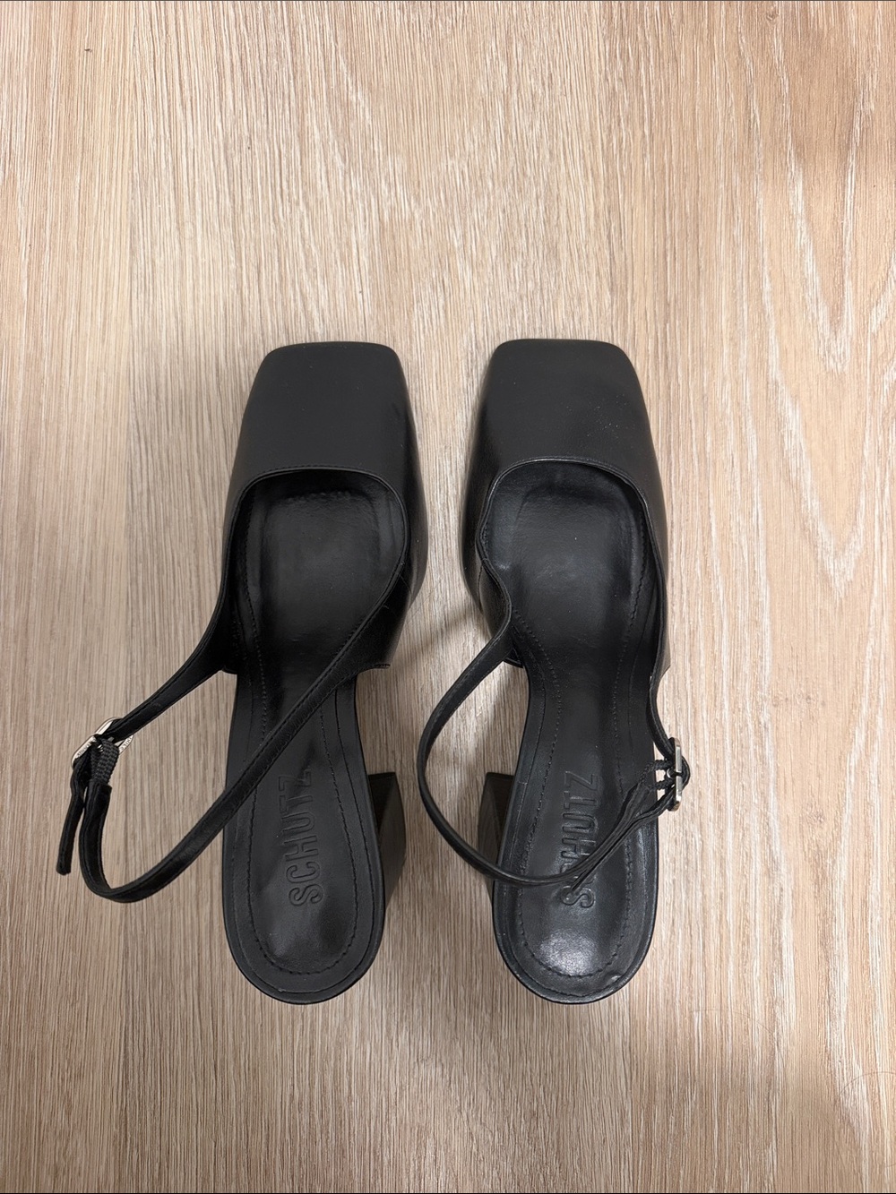 SCHUTZ Black Square-Toe Slingback Block Heels